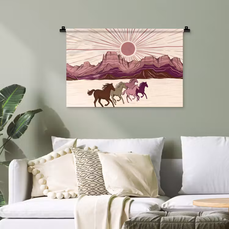 Paarden - Rennend - Woestijn - Natuur - Abstract Wandkleed katoen klein -sfeer7