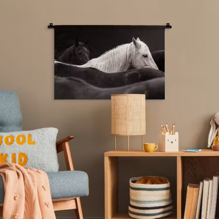 Paarden - Zwart - Wit - Kudde Wandkleed katoen klein -wsfeer4_kind