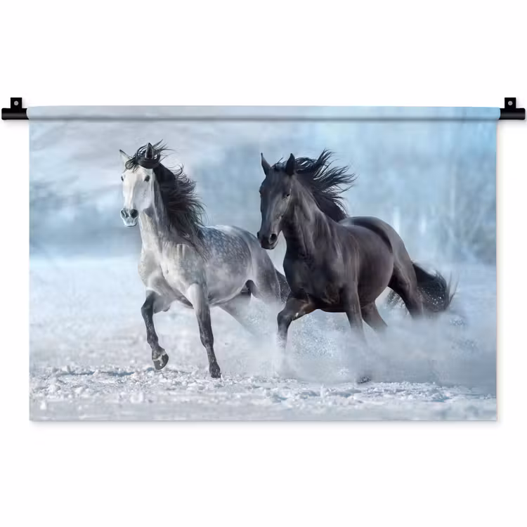 Paarden - Winter - Dieren - Natuur - Sneeuw Wandkleed katoen klein -zz3d