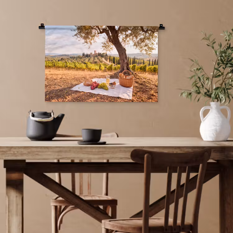 Picknick - Wijngaard - Landschap - Zomer - Eten Wandkleed katoen klein -sfeer6