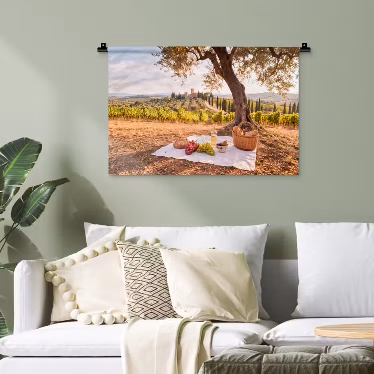 Picknick - Wijngaard - Landschap - Zomer - Eten Wandkleed katoen klein -sfeer7