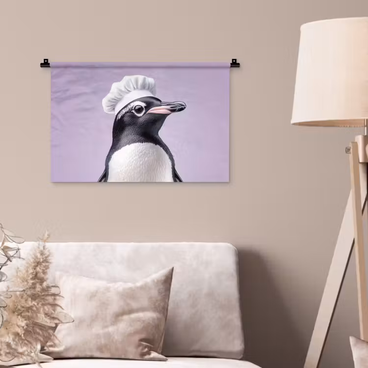 Pinguïn - Koksmuts - Lief - Paars Wandkleed katoen klein -sfeer4