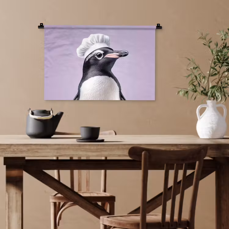 Pinguïn - Koksmuts - Lief - Paars Wandkleed katoen klein -sfeer6