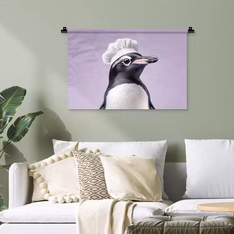Pinguïn - Koksmuts - Lief - Paars Wandkleed katoen klein -sfeer7