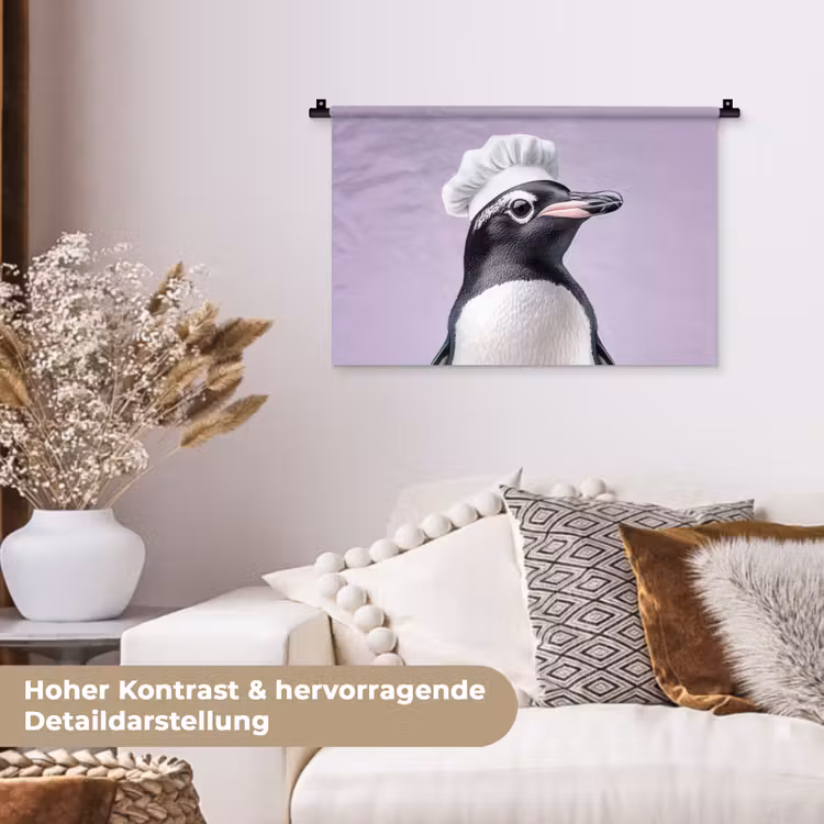 Pinguïn - Koksmuts - Lief - Paars Wandkleed katoen klein -tsfeer1_DE