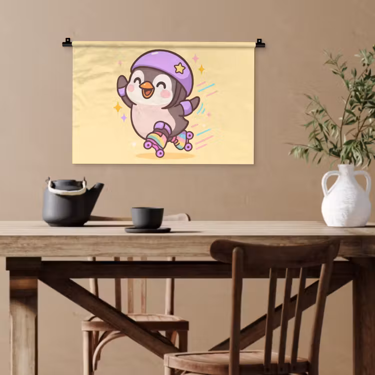 Pinguïn - Rolschaatsen - Geel - Energiek Wandkleed katoen klein -sfeer6