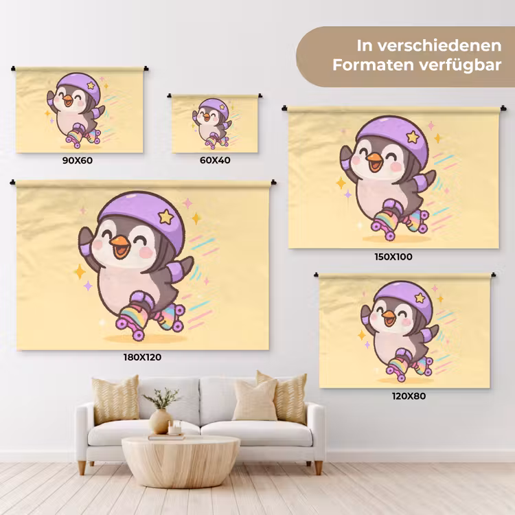 Pinguïn - Rolschaatsen - Geel - Energiek Wandkleed katoen klein -tsfeer8_DE