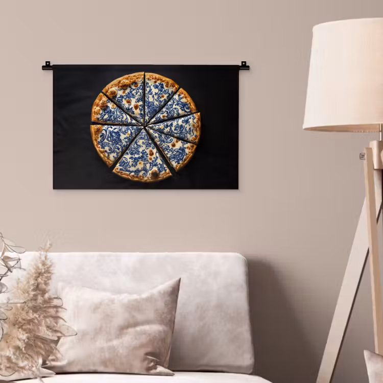 Pizza - Eten - Delftsblauw Wandkleed katoen klein -sfeer4
