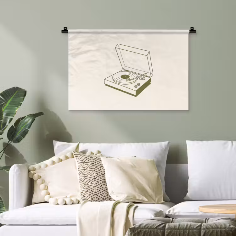 Platenspeler - Vinyl - Muziek - Minimalistisch - Groen Wandkleed katoen klein -sfeer7