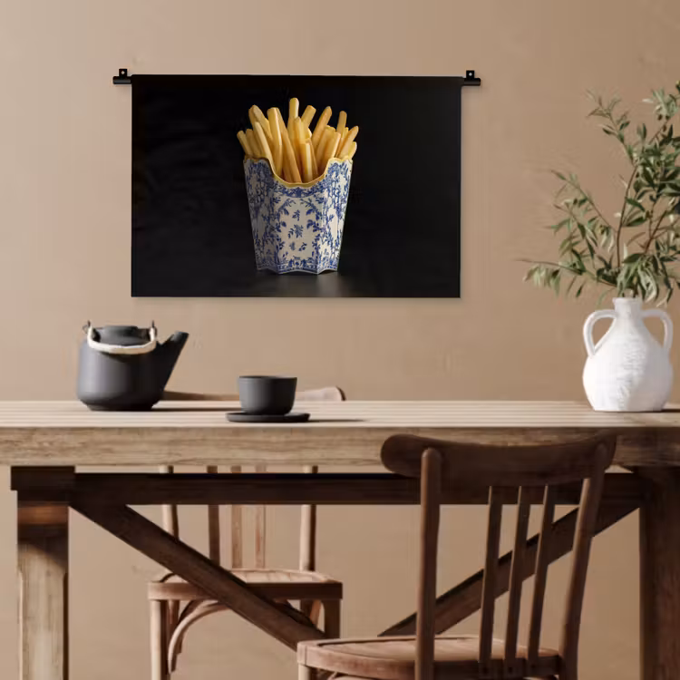 Friet - Porselein - Delfts blauw - Eten Wandkleed katoen klein -sfeer6