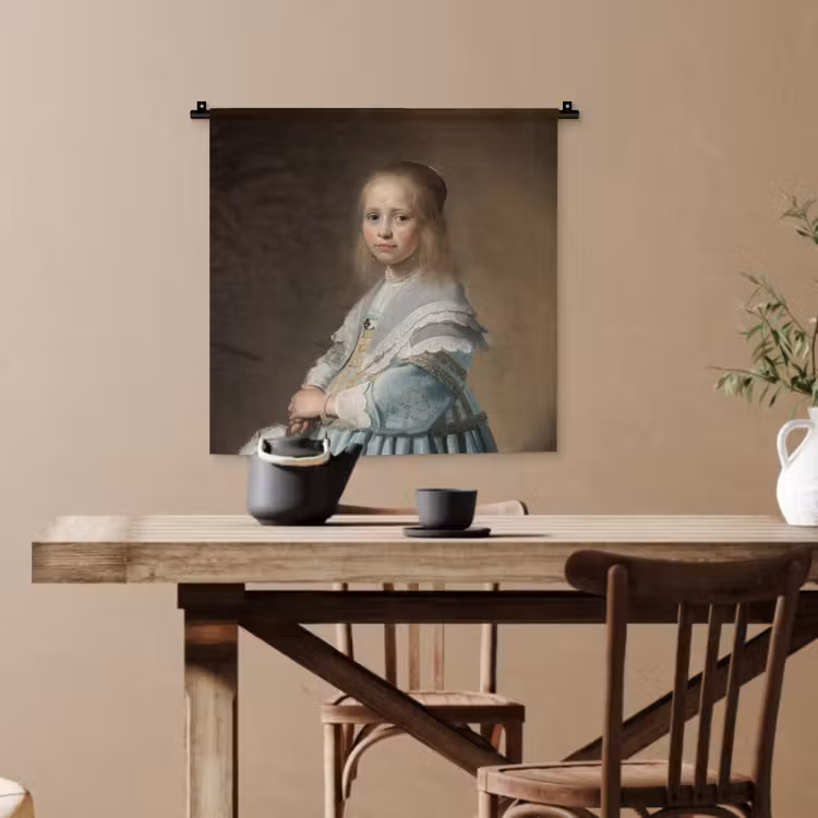 Portret van een meisje in het blauw - Schilderij van Johannes Cornelisz. Verspronck Wandkleed katoen klein -sfeer6