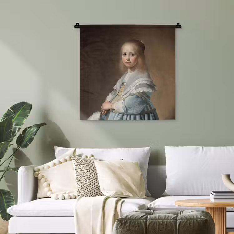 Portret van een meisje in het blauw - Schilderij van Johannes Cornelisz. Verspronck Wandkleed katoen klein -sfeer7