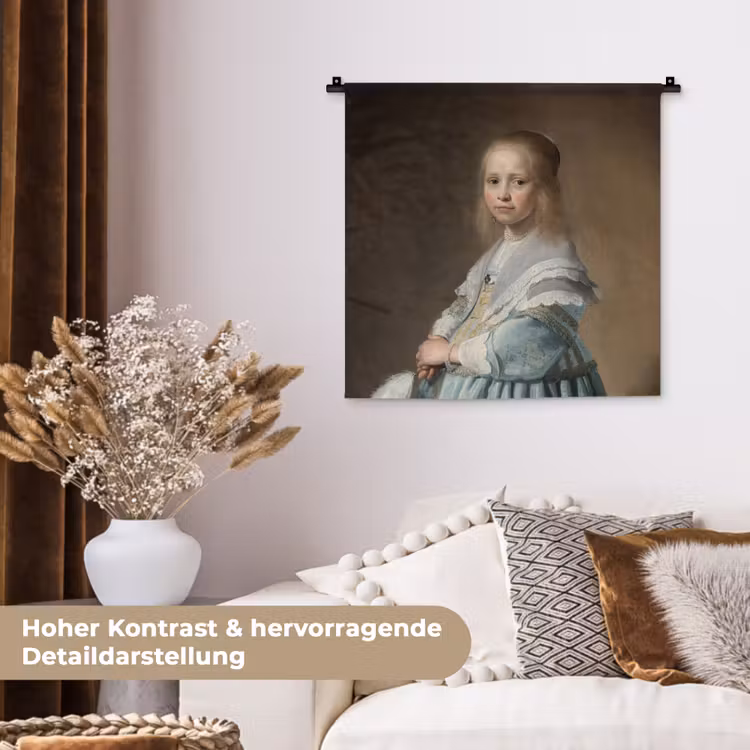 Portret van een meisje in het blauw - Schilderij van Johannes Cornelisz. Verspronck Wandkleed katoen klein -tsfeer1_DE