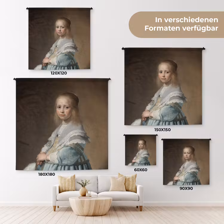 Portret van een meisje in het blauw - Schilderij van Johannes Cornelisz. Verspronck Wandkleed katoen klein -tsfeer8_DE