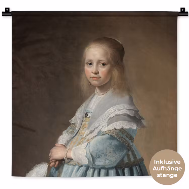 Portret van een meisje in het blauw - Schilderij van Johannes Cornelisz. Verspronck Wandkleed katoen klein -t3d_DE