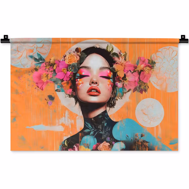 Portret - Vrouw - Abstract - Bloemen Wandkleed katoen klein -zz3d