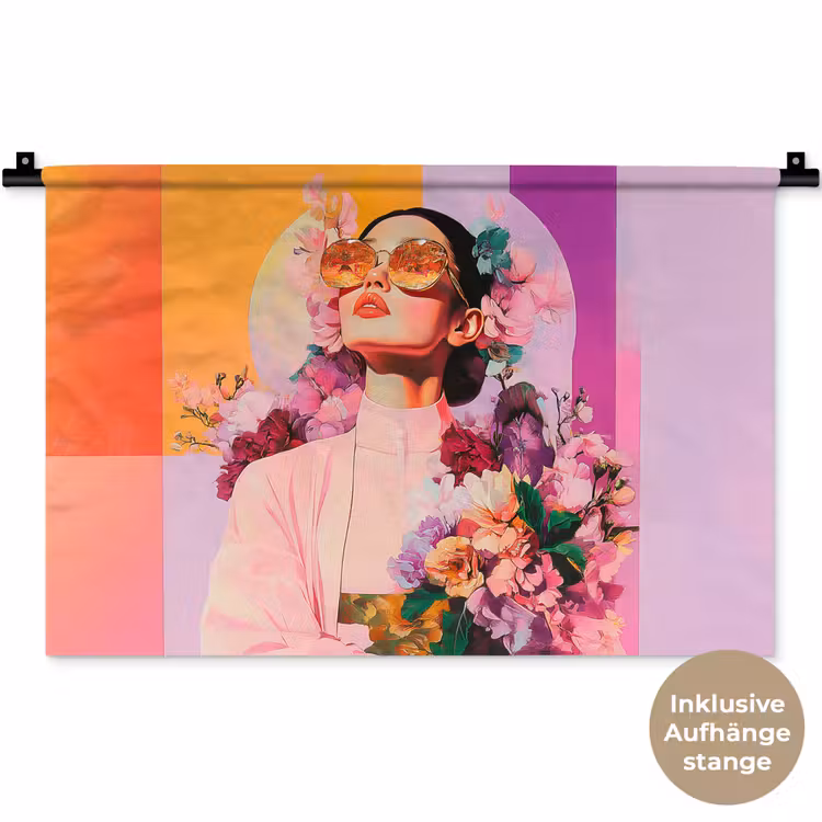 Portret - Vrouw - Abstract - Bloemen Wandkleed katoen klein -t3d_DE