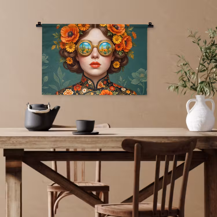 Portret - Vrouw - Kleurrijk - Expressief Wandkleed katoen klein -sfeer6