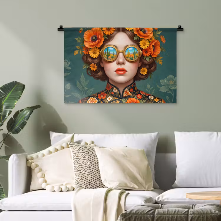 Portret - Vrouw - Kleurrijk - Expressief Wandkleed katoen klein -sfeer7
