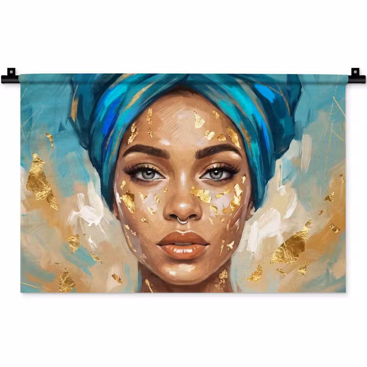 Portret - Vrouw - Schilderij - Blauw - Goud - Expressief Wandkleed katoen klein -zz3d