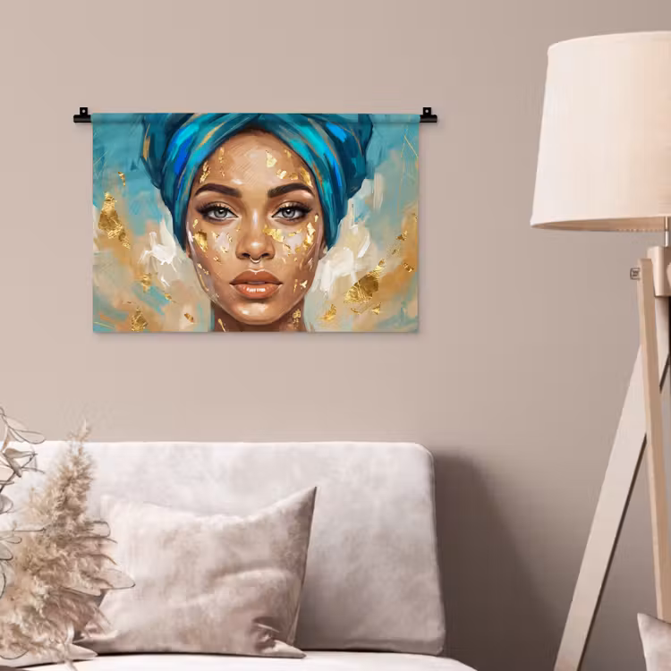 Portret - Vrouw - Schilderij - Blauw - Goud - Expressief Wandkleed katoen klein -sfeer4