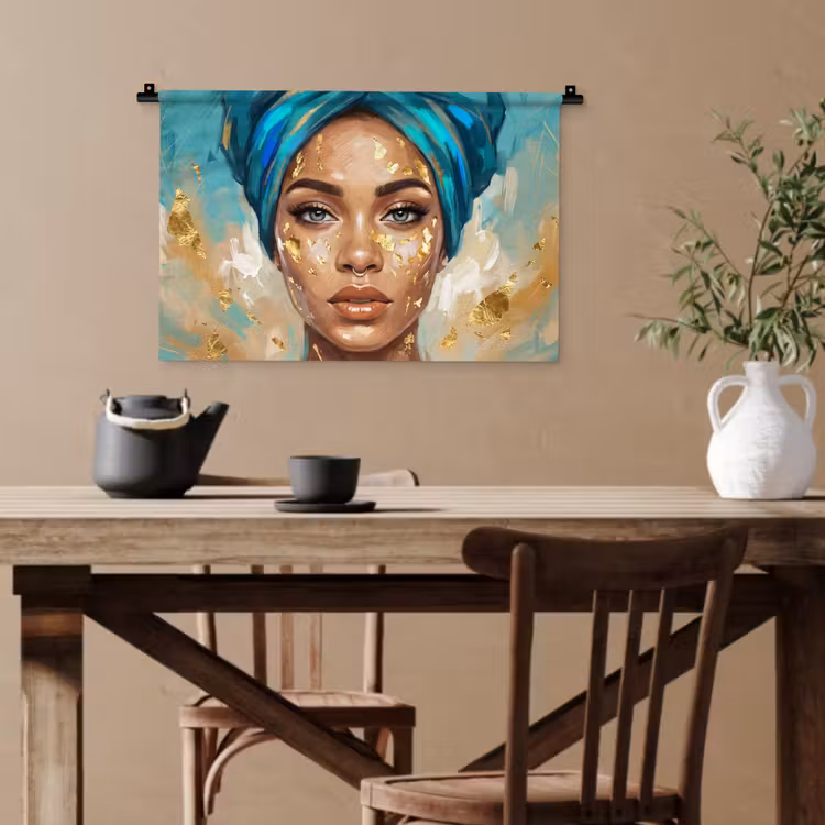 Portret - Vrouw - Schilderij - Blauw - Goud - Expressief Wandkleed katoen klein -sfeer6
