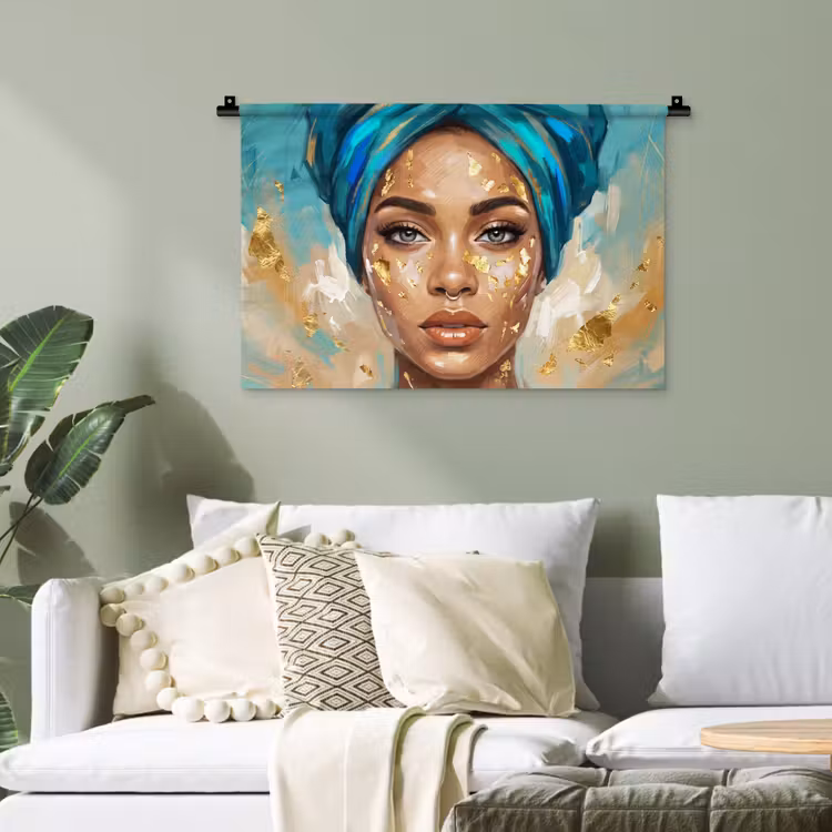 Portret - Vrouw - Schilderij - Blauw - Goud - Expressief Wandkleed katoen klein -sfeer7