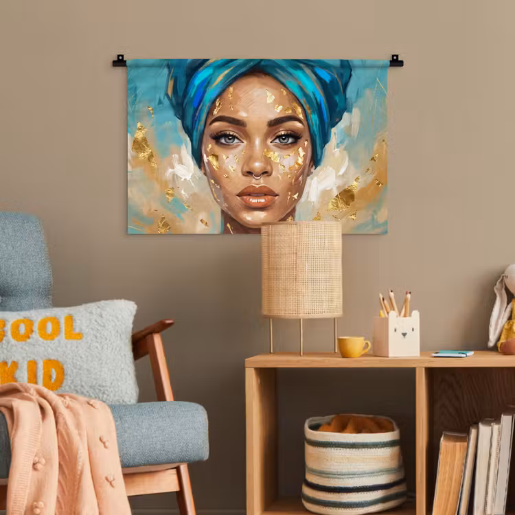 Portret - Vrouw - Schilderij - Blauw - Goud - Expressief Wandkleed katoen klein -wsfeer4_kind