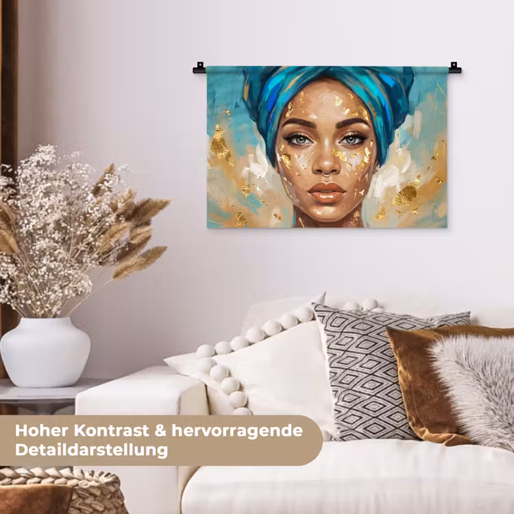 Portret - Vrouw - Schilderij - Blauw - Goud - Expressief Wandkleed katoen klein -tsfeer1_DE