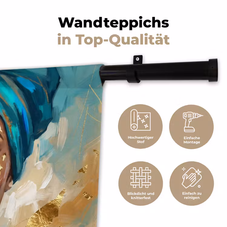 Portret - Vrouw - Schilderij - Blauw - Goud - Expressief Wandkleed katoen klein -tsfeer2_DE