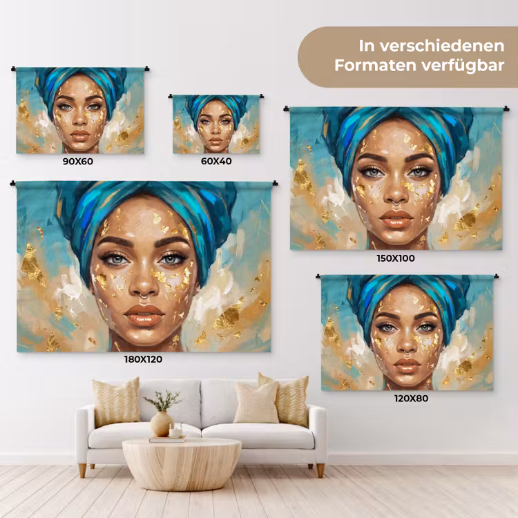 Portret - Vrouw - Schilderij - Blauw - Goud - Expressief Wandkleed katoen klein -tsfeer8_DE