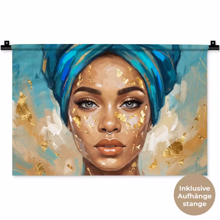 Portret - Vrouw - Schilderij - Blauw - Goud - Expressief Wandkleed katoen klein -t3d_DE