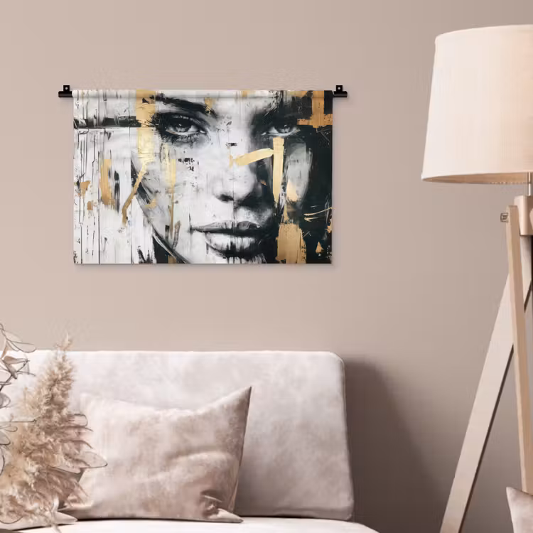 Portret - Vrouw - Penseelstreken - Goud Wandkleed katoen klein -sfeer4
