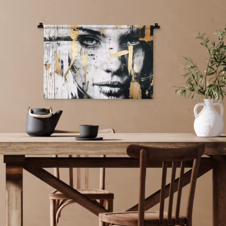 Portret - Vrouw - Penseelstreken - Goud Wandkleed katoen klein -sfeer6