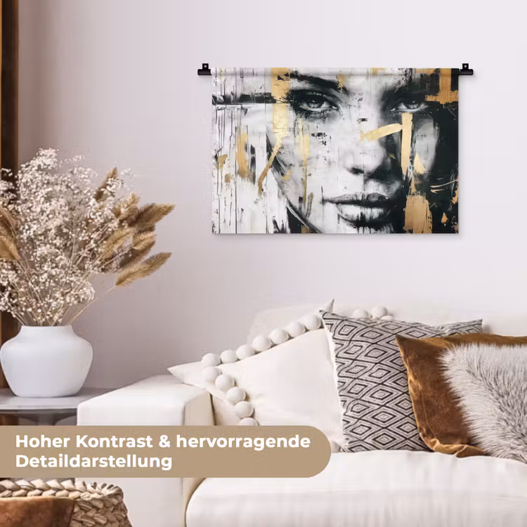 Portret - Vrouw - Penseelstreken - Goud Wandkleed katoen klein -tsfeer1_DE