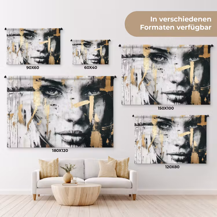 Portret - Vrouw - Penseelstreken - Goud Wandkleed katoen klein -tsfeer8_DE
