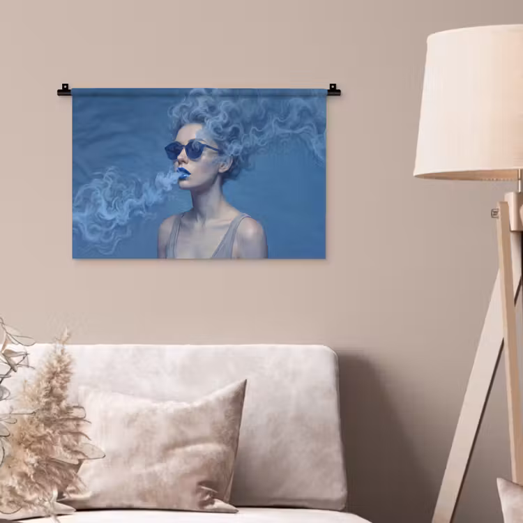 Portret - Zonnebril - Rook - Abstract - Blauw Wandkleed katoen klein -sfeer4