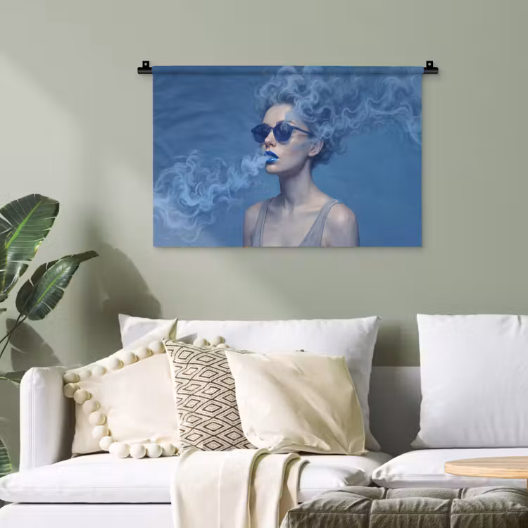 Portret - Zonnebril - Rook - Abstract - Blauw Wandkleed katoen klein -sfeer7