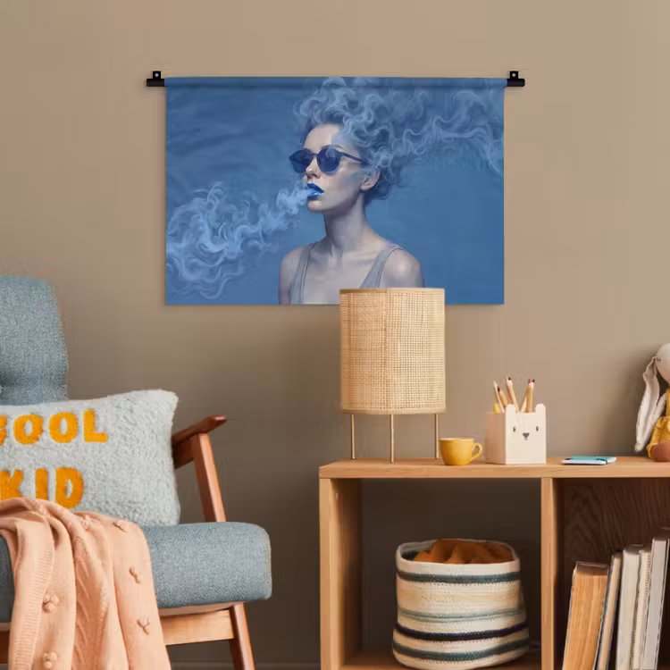 Portret - Zonnebril - Rook - Abstract - Blauw Wandkleed katoen klein -wsfeer4_kind