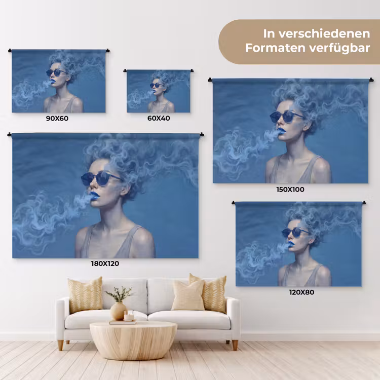 Portret - Zonnebril - Rook - Abstract - Blauw Wandkleed katoen klein -tsfeer8_DE