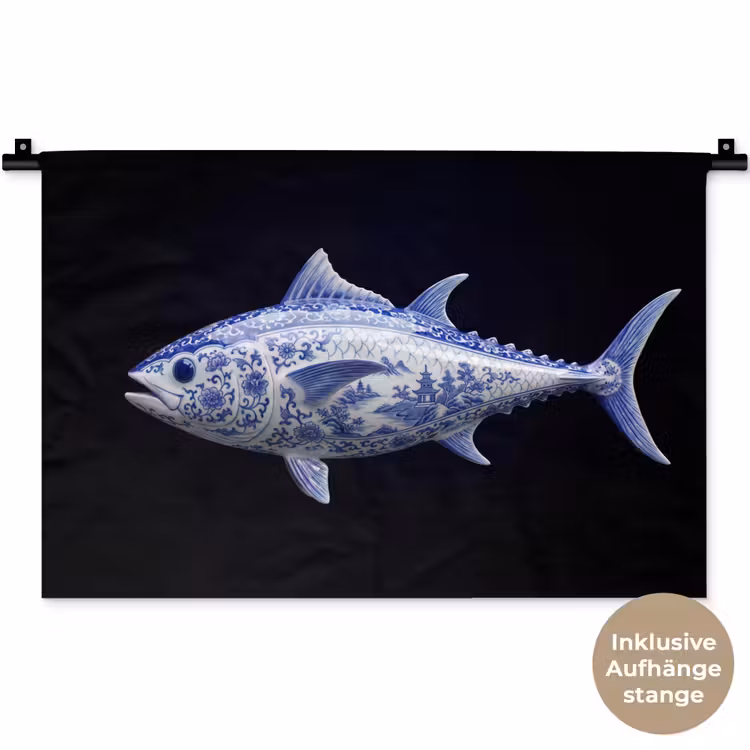 Porselein - Tonijn - Delfts - Blauw Wandkleed katoen klein -t3d_DE