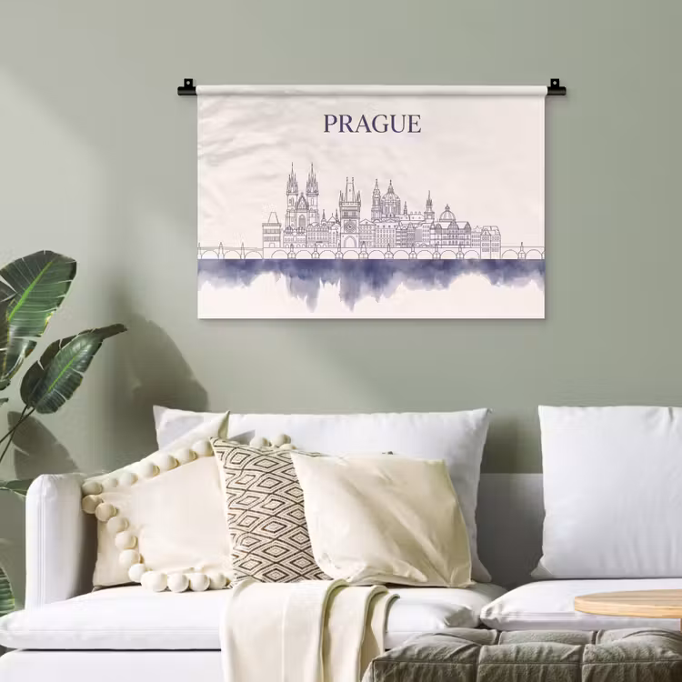 Praag - Skyline - Architectuur - Blauw Wandkleed katoen klein -sfeer7