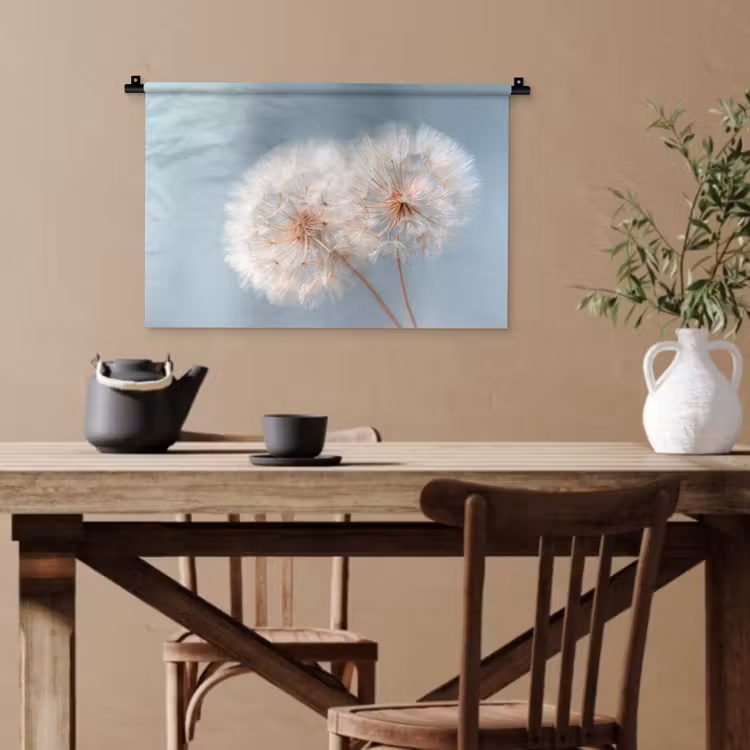 Paardenbloemen - Pluisjes - Wit Wandkleed katoen klein -sfeer6