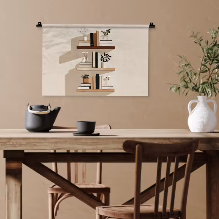 Plankjes - Boeken - Vaasjes - Planten Wandkleed katoen klein -sfeer6