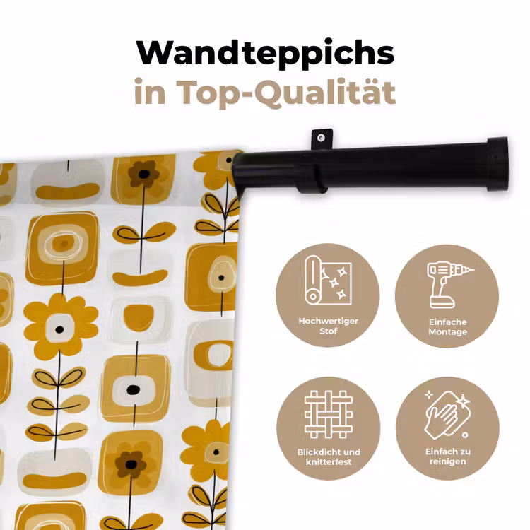 Retro - Abstract - Bloemen - Okergeel Wandkleed katoen klein 269 -tsfeer2_DE