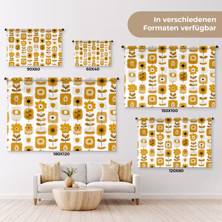Retro - Abstract - Bloemen - Okergeel Wandkleed katoen klein 269 -tsfeer8_DE