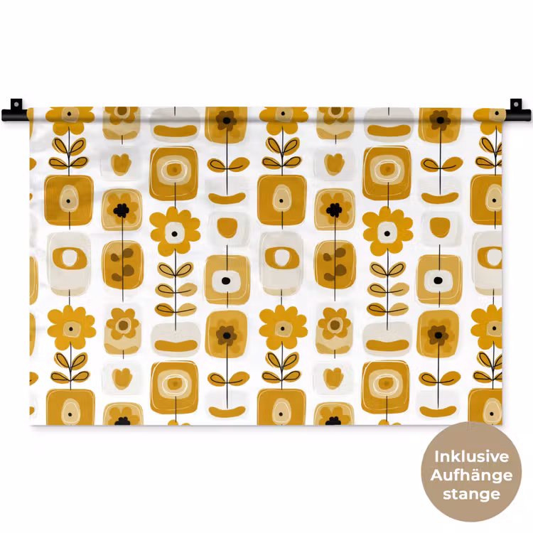 Retro - Abstract - Bloemen - Okergeel Wandkleed katoen klein 269 -t3d_DE