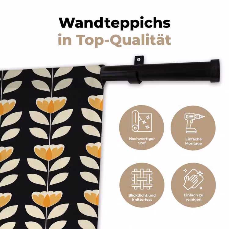 Retro - Bloem - Zwart - Okergeel Wandkleed katoen klein 269 -tsfeer2_DE