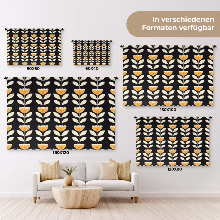 Retro - Bloem - Zwart - Okergeel Wandkleed katoen klein 269 -tsfeer8_DE