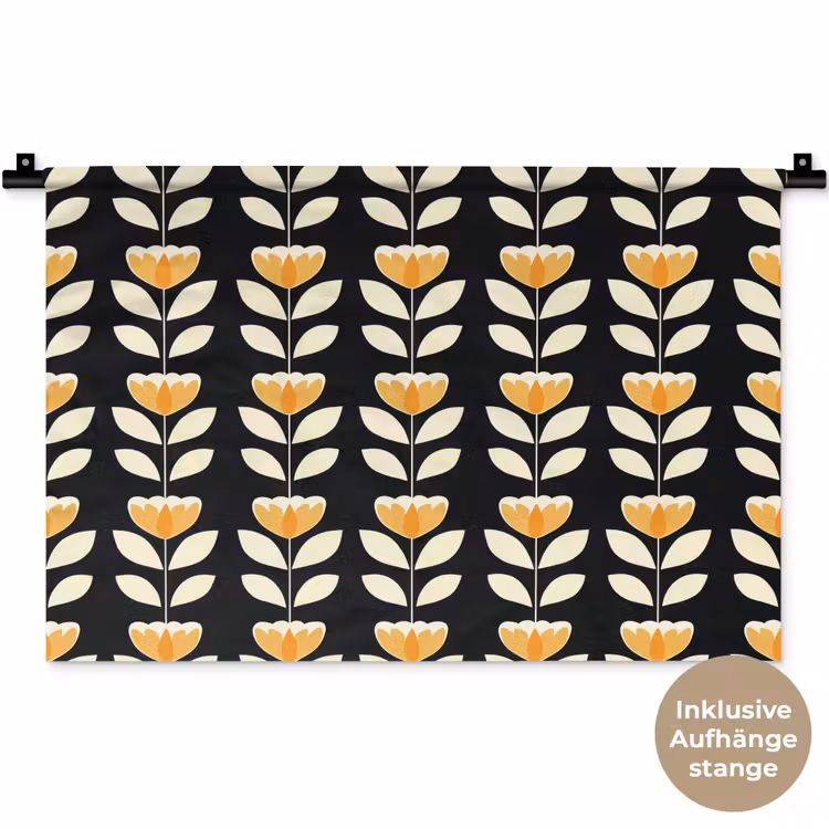 Retro - Bloem - Zwart - Okergeel Wandkleed katoen klein 269 -t3d_DE